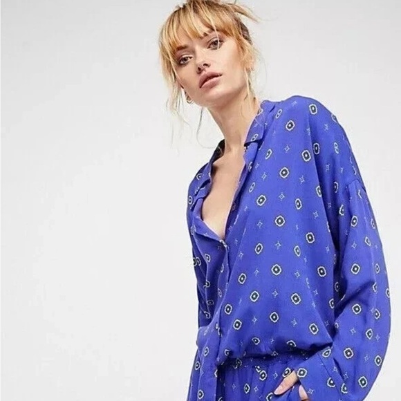 Intimately By Free People Tops - Free People Intimately Blue Printed Long Sleeve Button Front Shirt